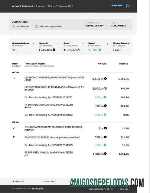 Extrato de conta bancária federal da Índia para download, modelo Word e PDF, versão 3